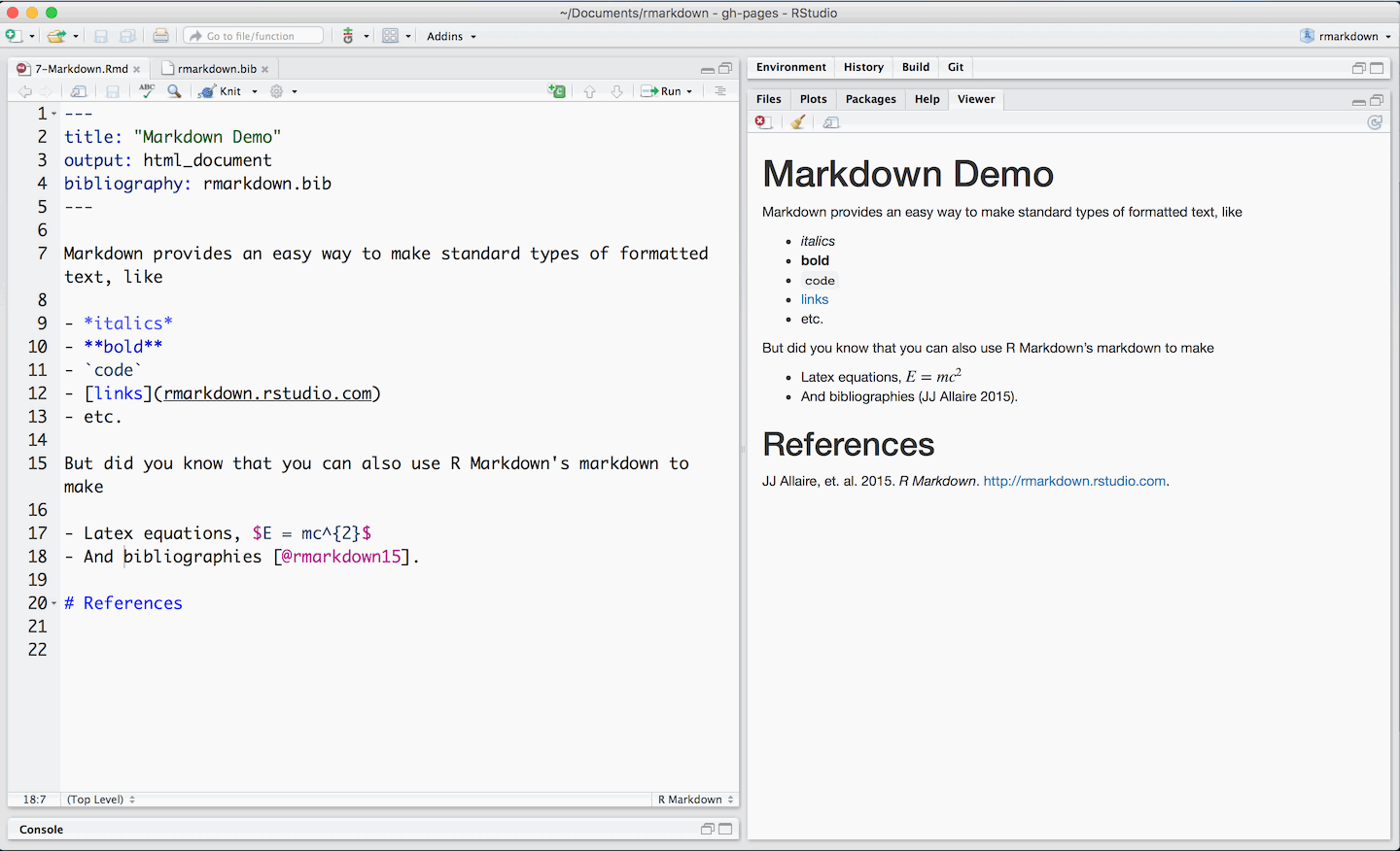 Example R Markdown file in RStudio that shows code with formatting on the left and the resulting output on the right