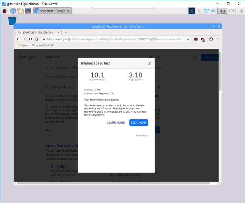 Raspberry Pi desktop using VNC and the results of a recent speed test to the island