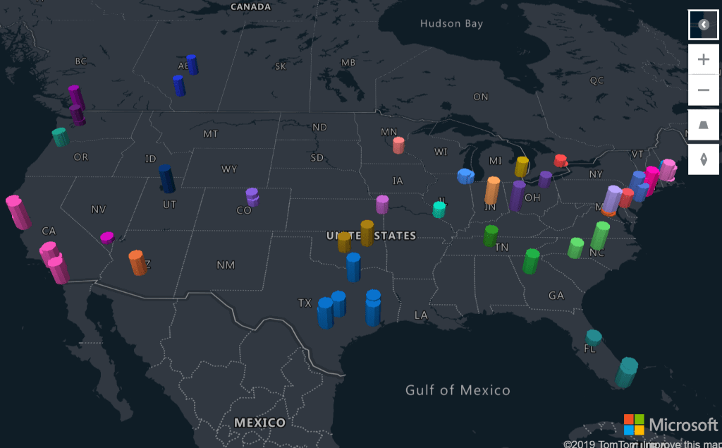 A 3D bar chart from the Azure Maps visual with the pitch aligned at an angle