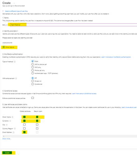 Create the sign up and sign in user flow