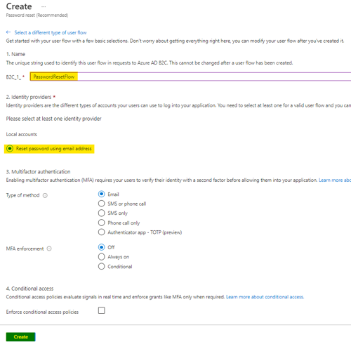 Password reset configuration
