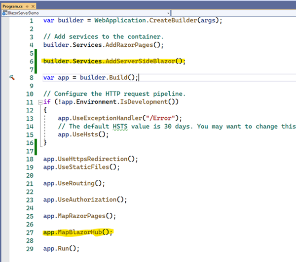 2.	Add Blazor services (builder.Services.AddServerSideBlazor()) and the SignalR hub (app.MapBlazorHub()) to Program.cs.