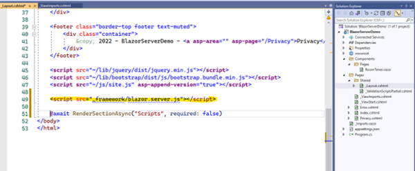Add the Blazor Server script reference to the layout template (/Pages/Shared/_Layout.cshtml).