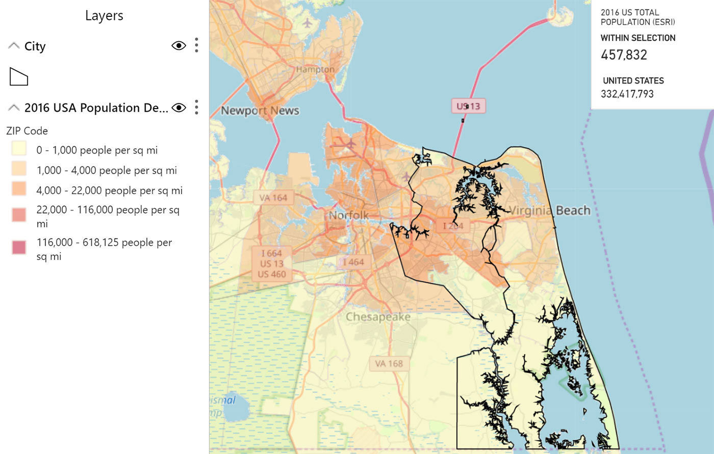 Population density and total population using a city as a data point with the ArcGIS visual